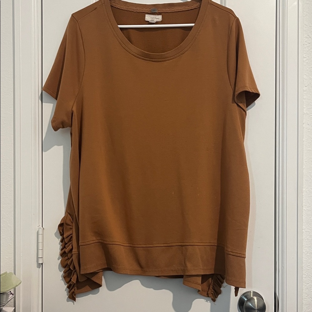 Cupio Tan Short Sleeve Top with Ruffle Detail